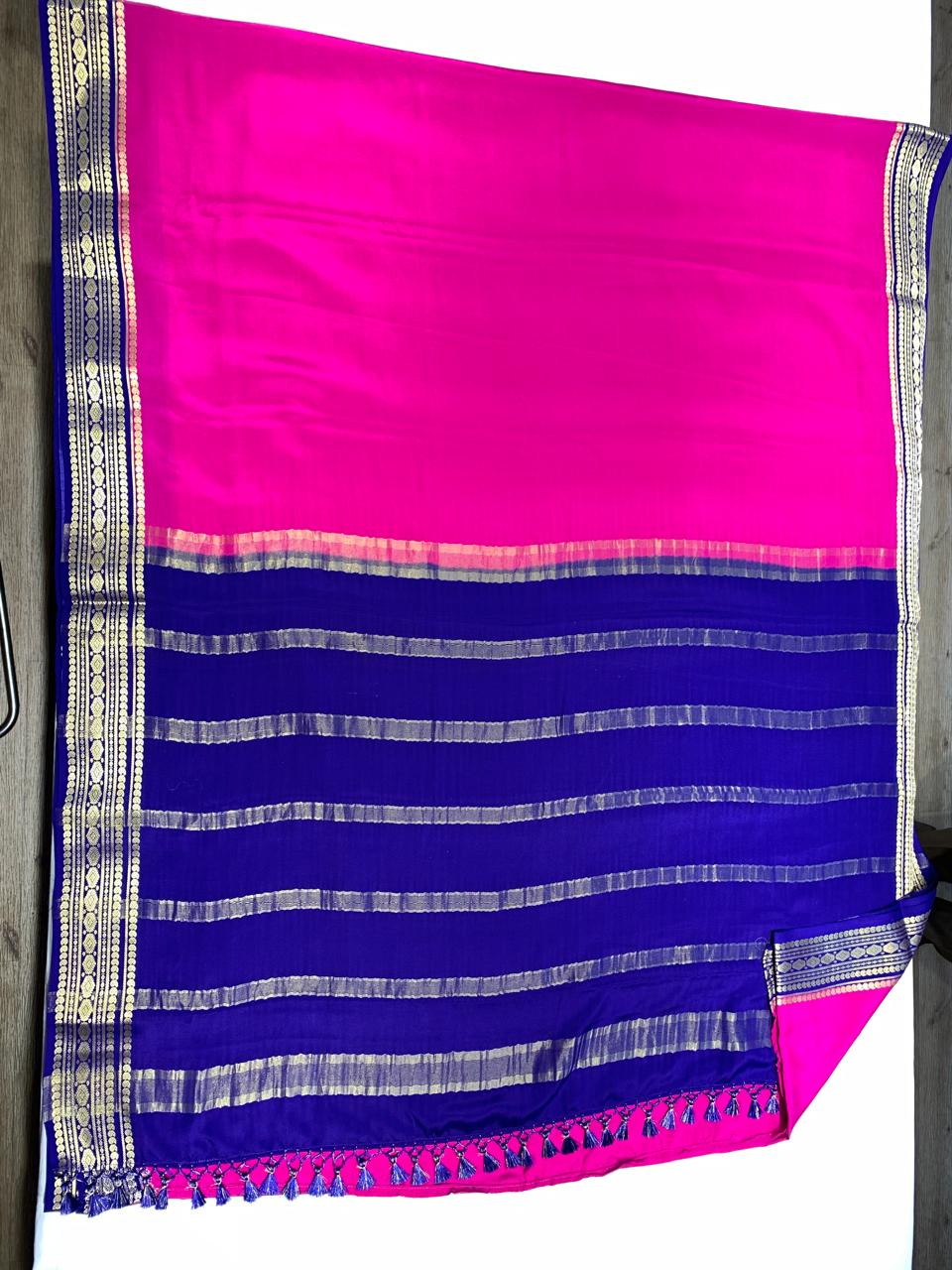 Pure Mysore Silk Dark pink color Saree With blue border - Silk Mark Certified