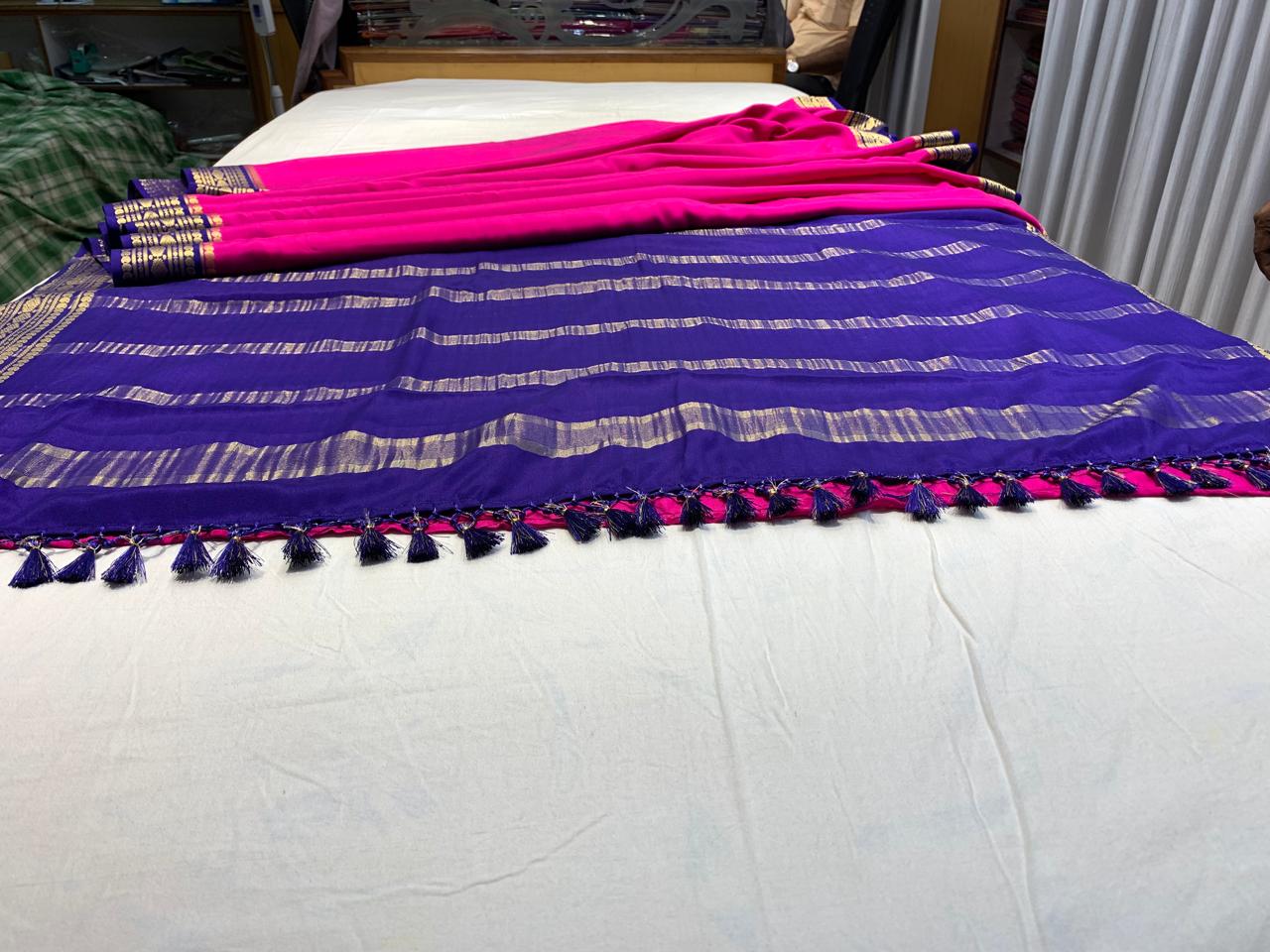 Pure Mysore Silk Dark pink color Saree With blue border - Silk Mark Certified
