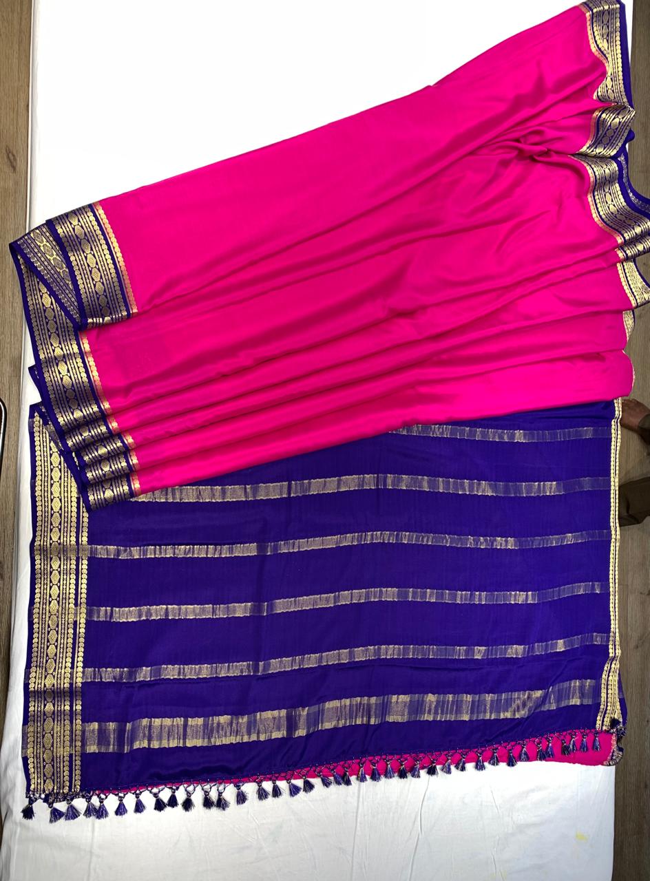Pure Mysore Silk Dark pink color Saree With blue border - Silk Mark Certified