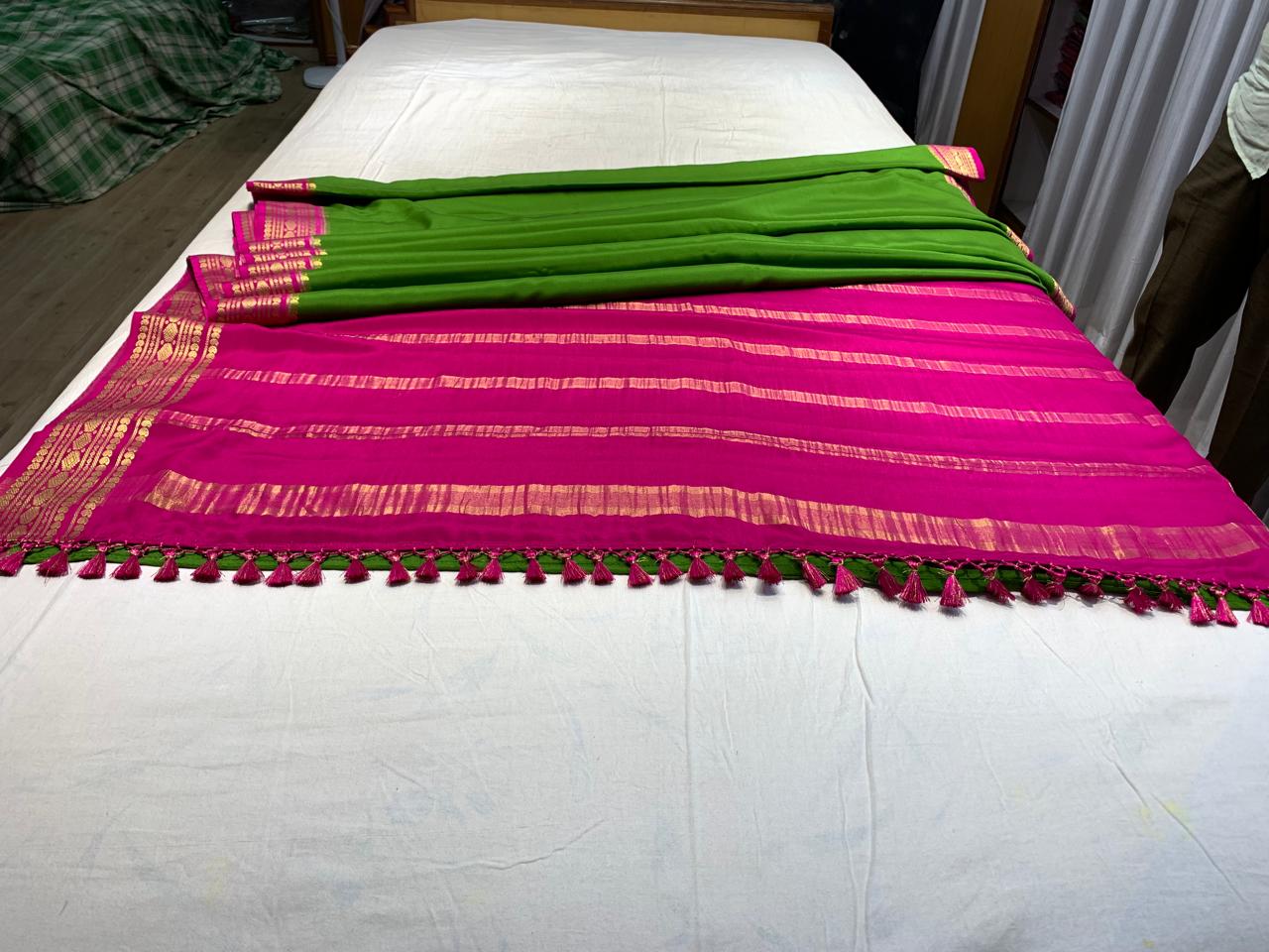 Pure Mysore Parrot Green color Saree With Dark Pink border - Silk Mark Certified