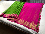 Pure Mysore Parrot Green color Saree With Dark Pink border - Silk Mark Certified