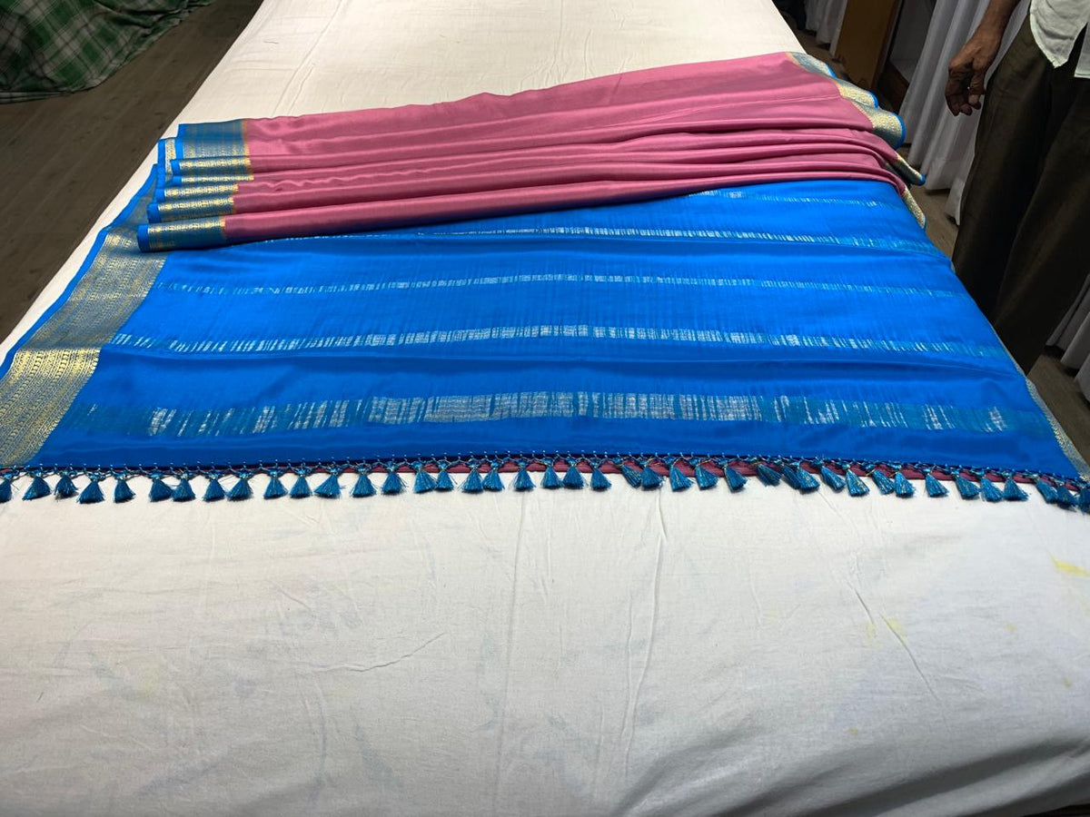 Pure Mysore Silk Flamingo Pink color Saree With Blue border - Silk Mark Certified