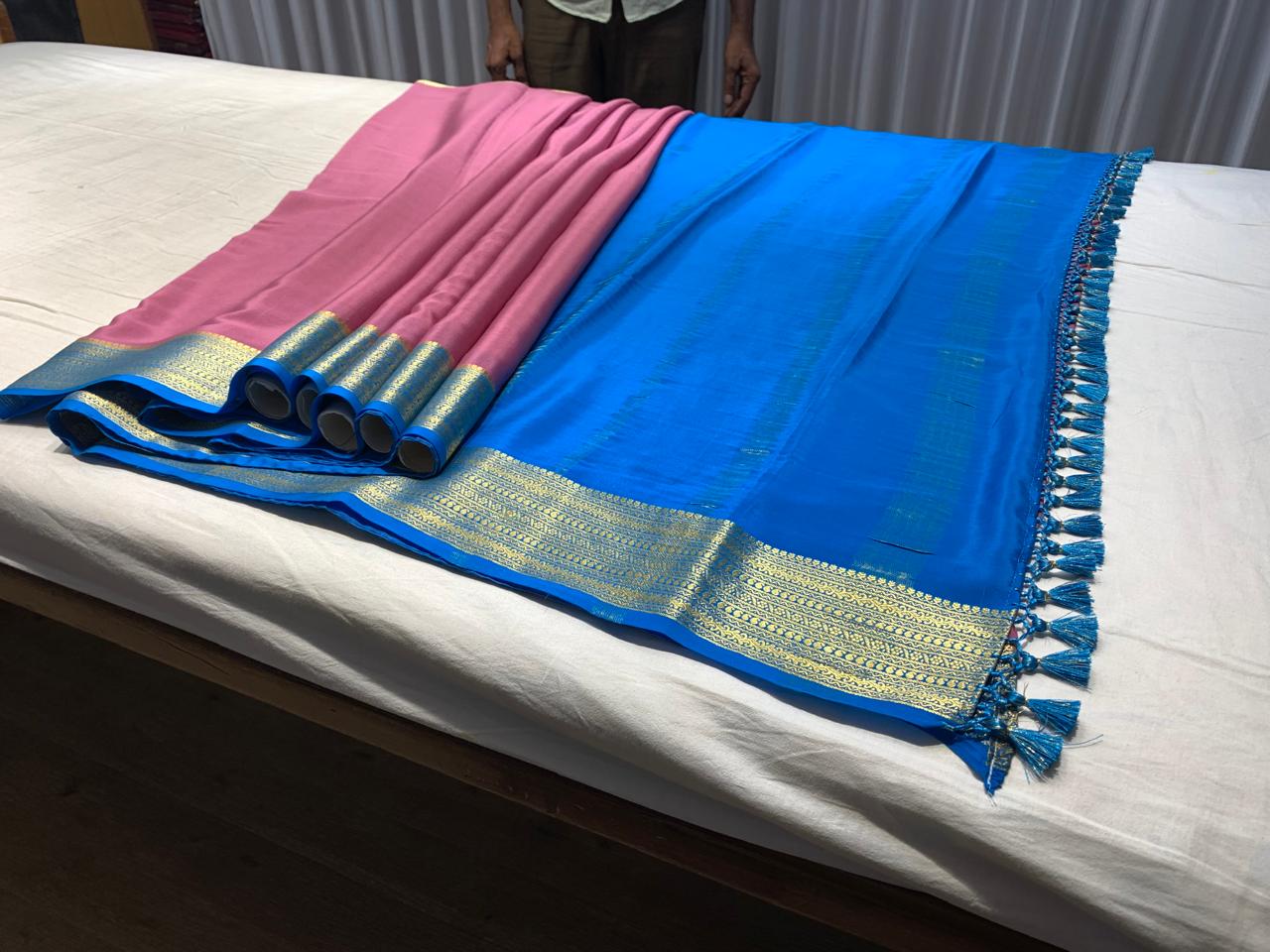 Pure Mysore Silk Flamingo Pink color Saree With Blue border - Silk Mark Certified