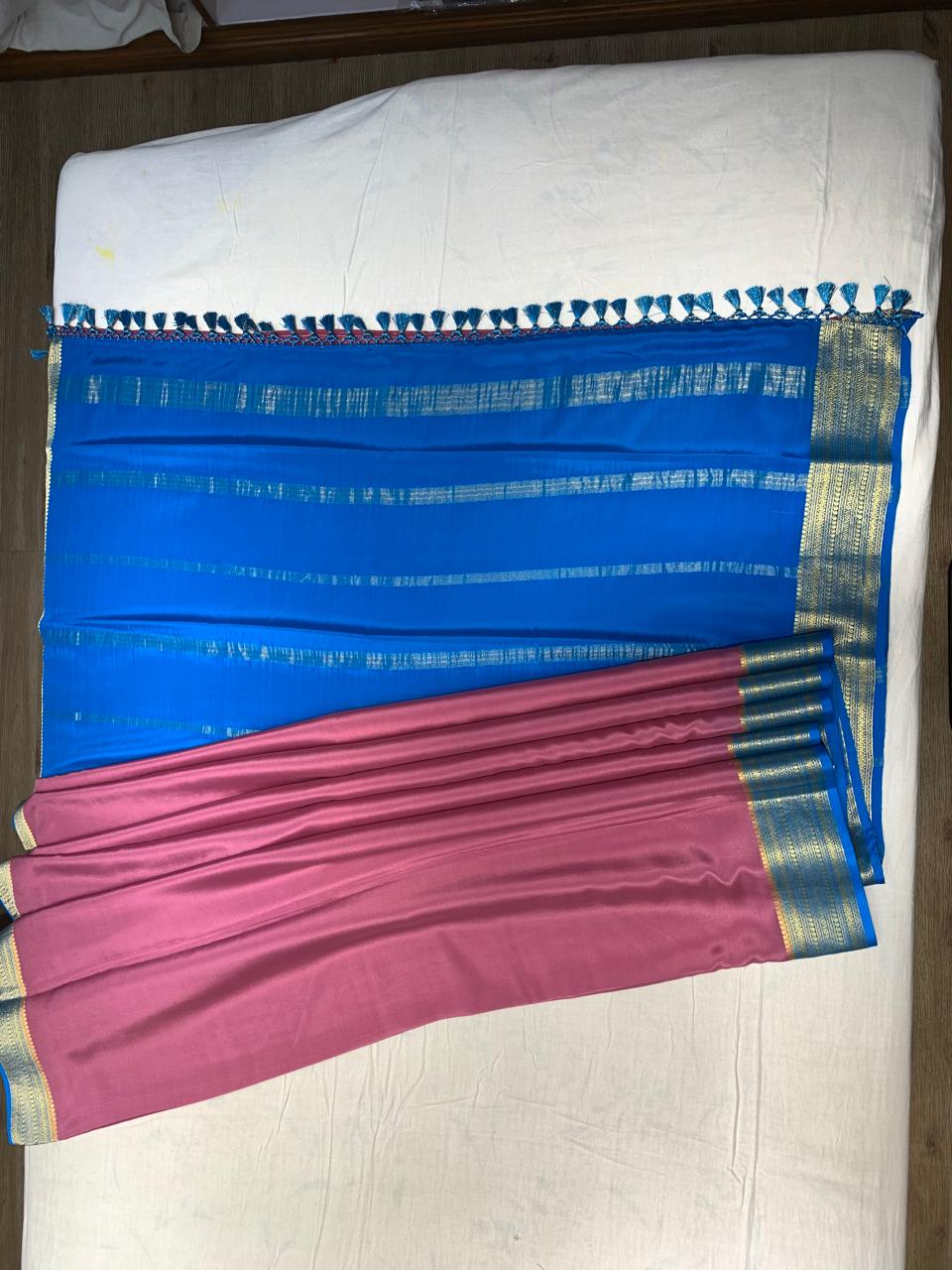 Pure Mysore Silk Flamingo Pink color Saree With Blue border - Silk Mark Certified