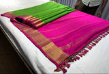 Pure Mysore Silk Parrot Green color Saree With Pink border - Silk Mark Certified
