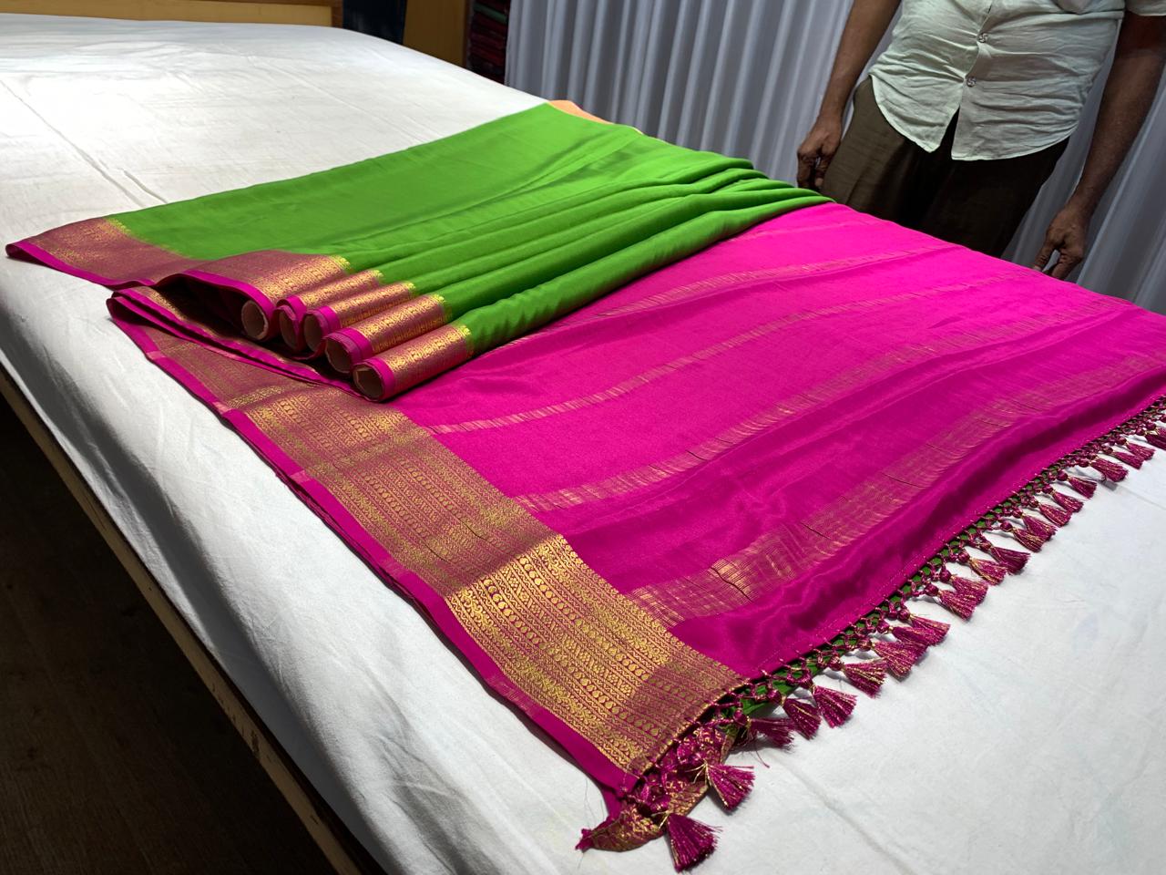 Pure Mysore Silk Parrot Green color Saree With Pink border - Silk Mark Certified