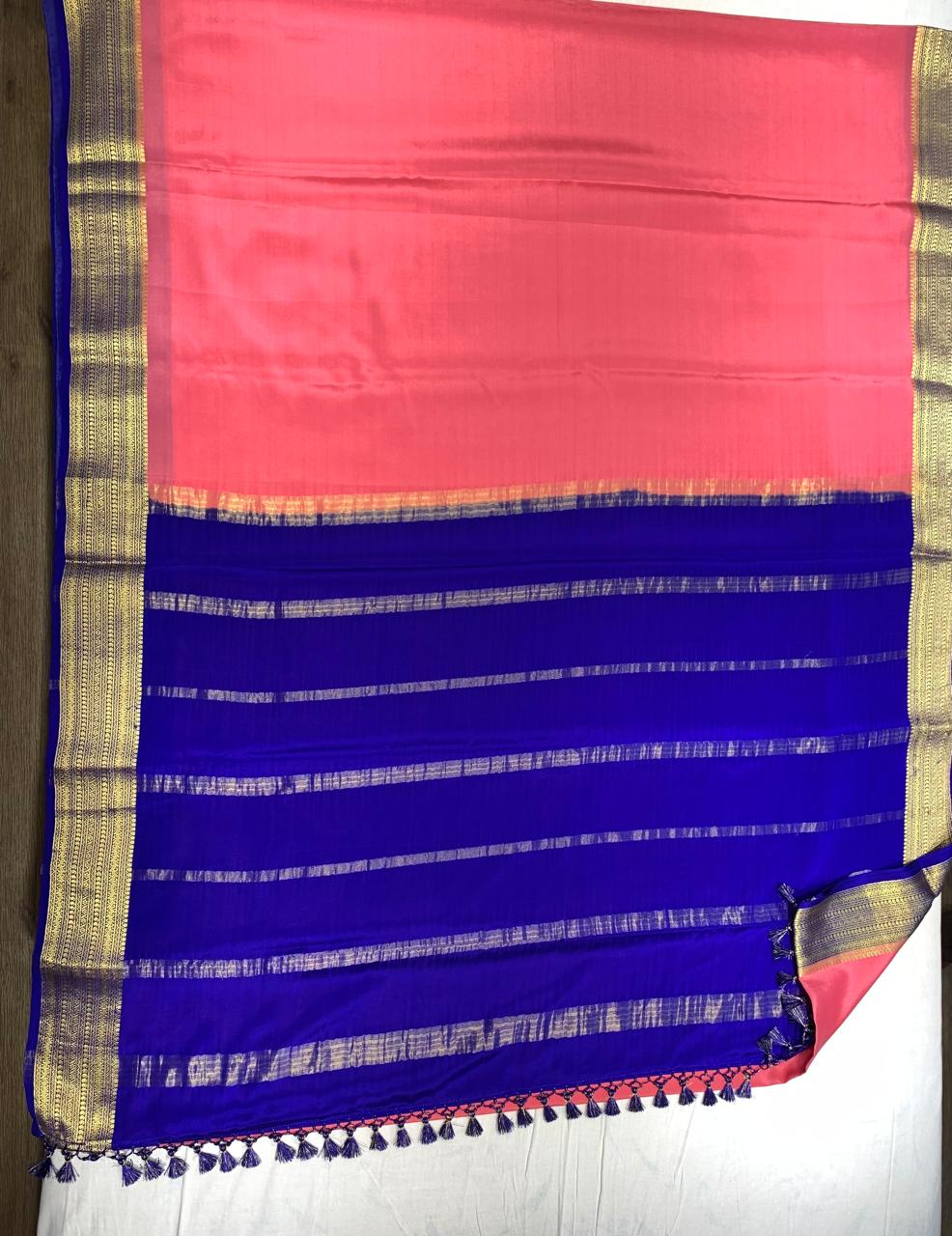Pure Mysore Silk Watermelon pink color Saree With blue border - Silk Mark Certified