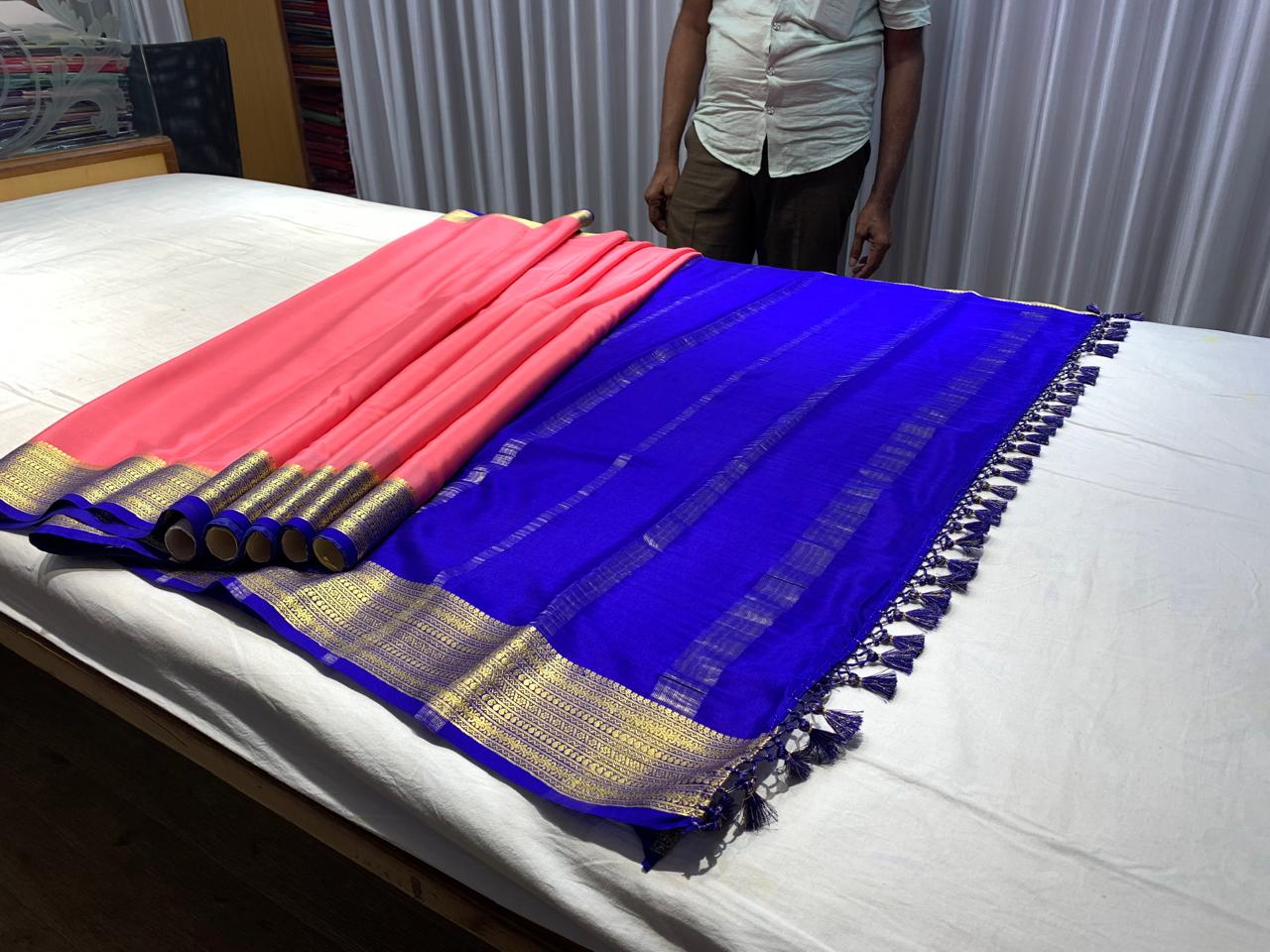 Pure Mysore Silk Watermelon pink color Saree With blue border - Silk Mark Certified