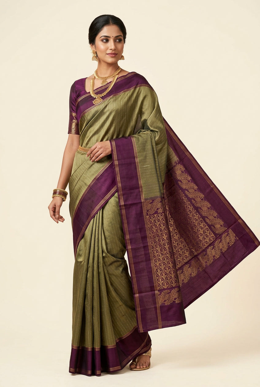 Olive green color Soft Silk Saree with purple border & pallu