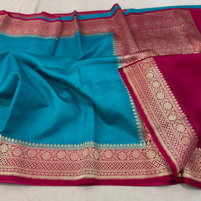 Pacific Blue Banarasi Silk Saree with Red Border and Pallu