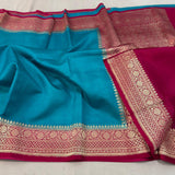 Pacific Blue Banarasi Silk Saree with Red Border and Pallu