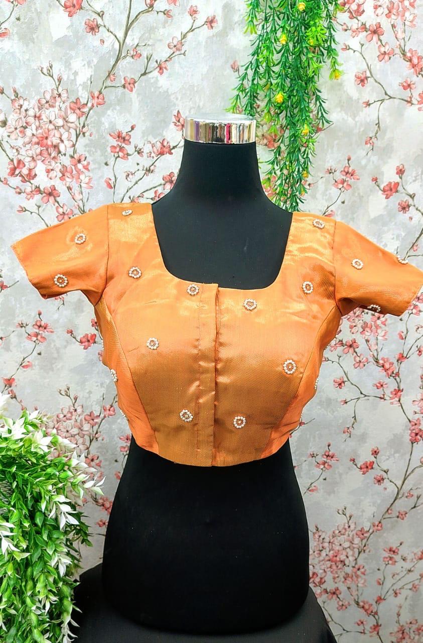Pale Orange Saree Blouse with Pearl Embroidery Work