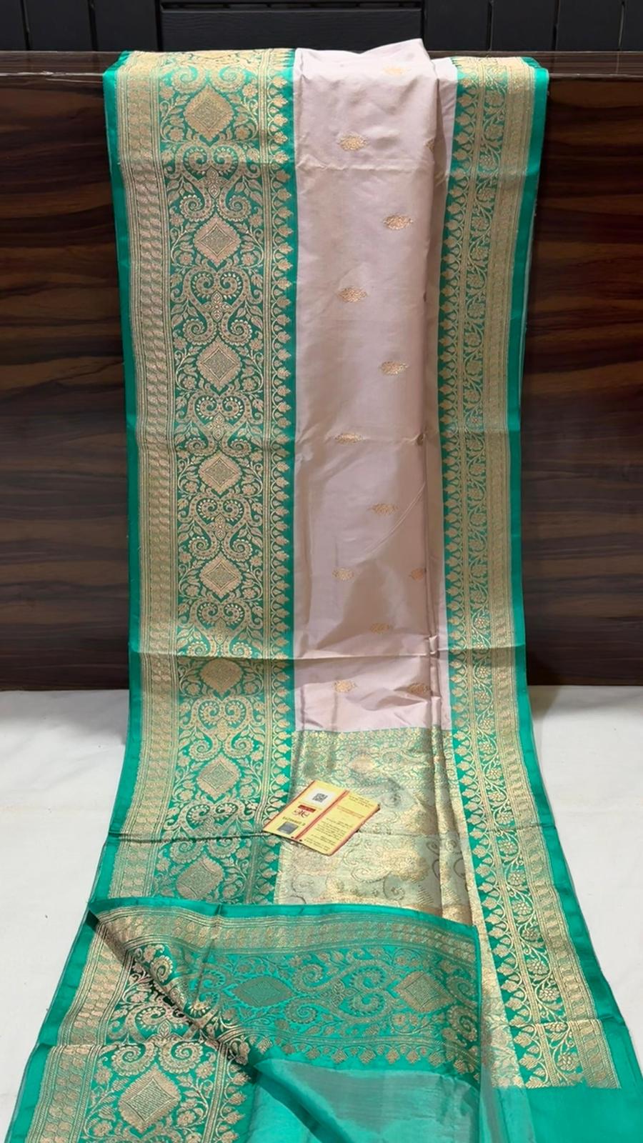 Pale Pink Banaras Katan Saree with Seagreen Border