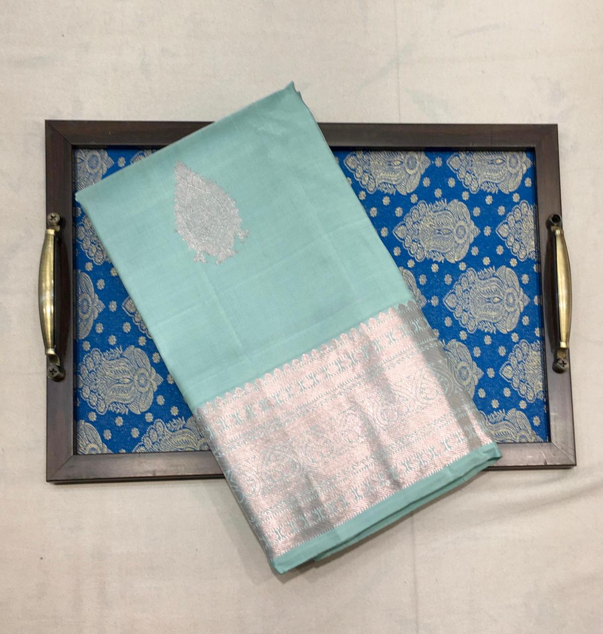 Pale Teal Kanjivaram Silk Saree With Silver Zari Pallu