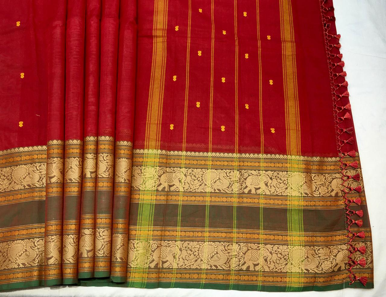 Paprika Red Korvai Cotton Saree Pine Green Border