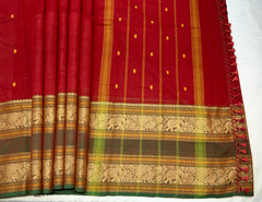 Paprika Red Korvai Cotton Saree Pine Green Border