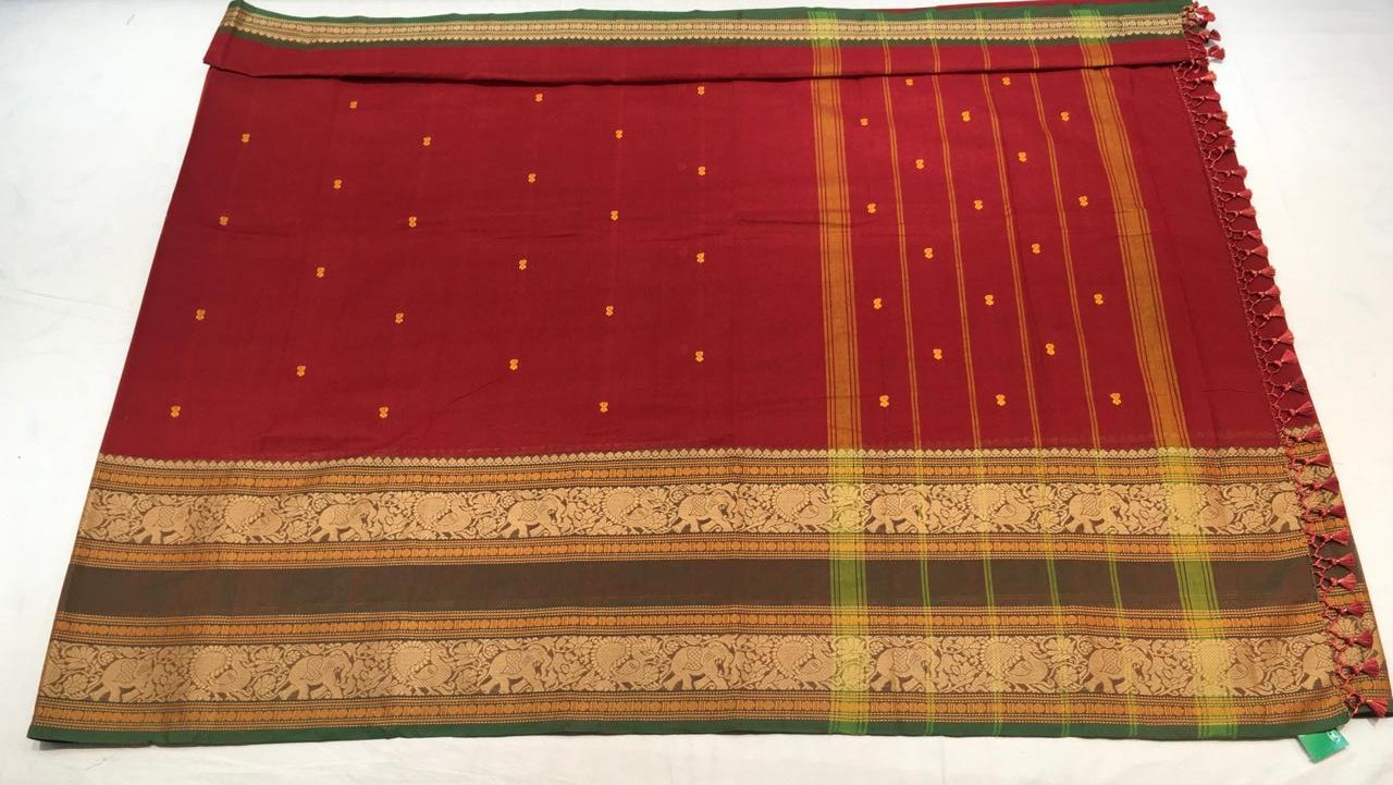 Paprika Red Mysore Silk Saree Pine Green Border
