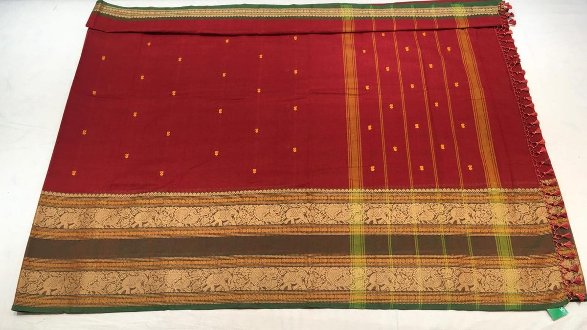 Paprika Red Mysore Silk Saree Pine Green Border