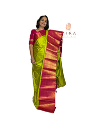 Parrot green with hot pink Kanjivaram Saree