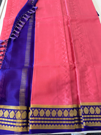 Peach Color Mysore Silk Saree With Blue Border