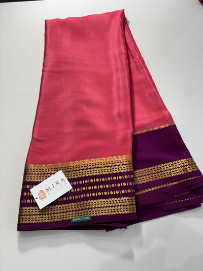 Peach Color Mysore Silk Saree With purple Border