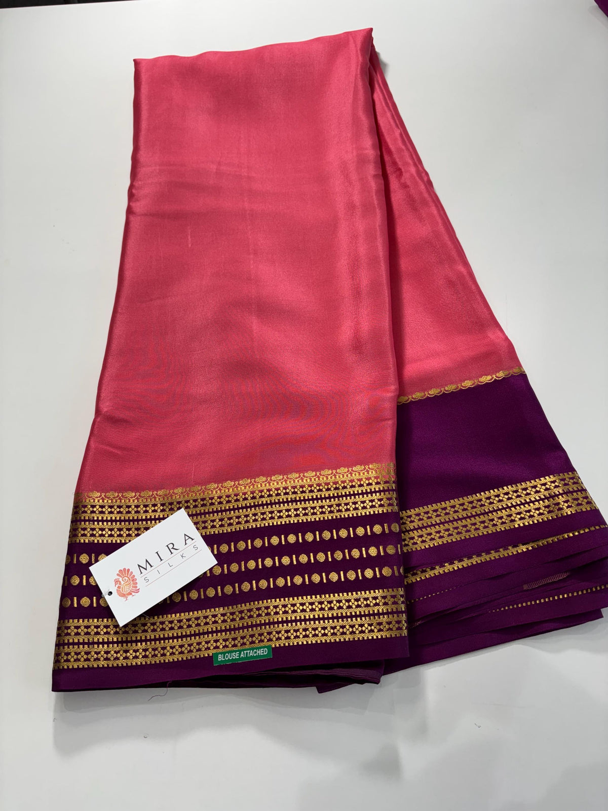 Peach Color Mysore Silk Saree With purple Border