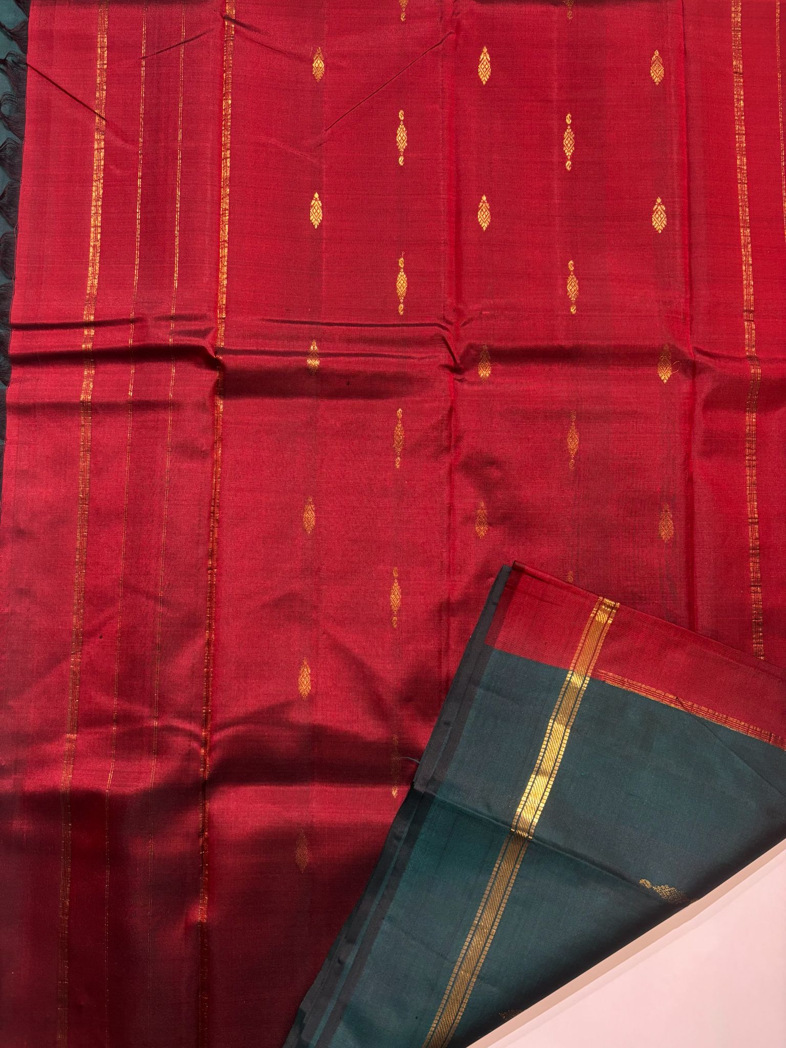 Peacock Green Kanjivaram Saree with Cherry Red Pallu