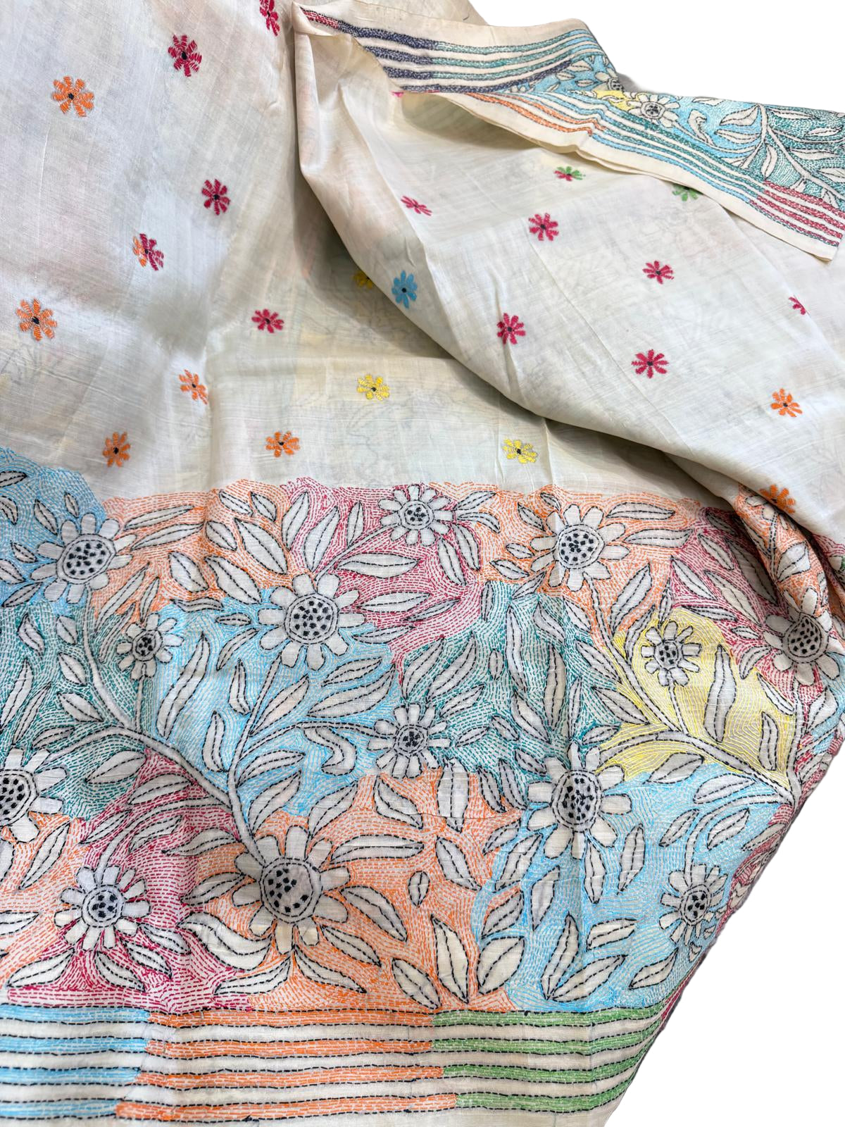 Pearl White Tussar Silk Saree with Floral Design