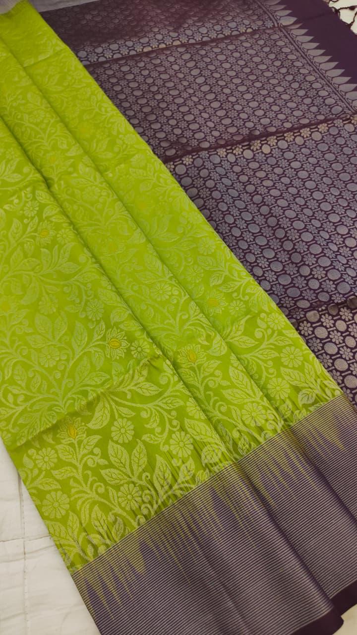 Peas Green Soft Silk Saree Dark Grey Pallu