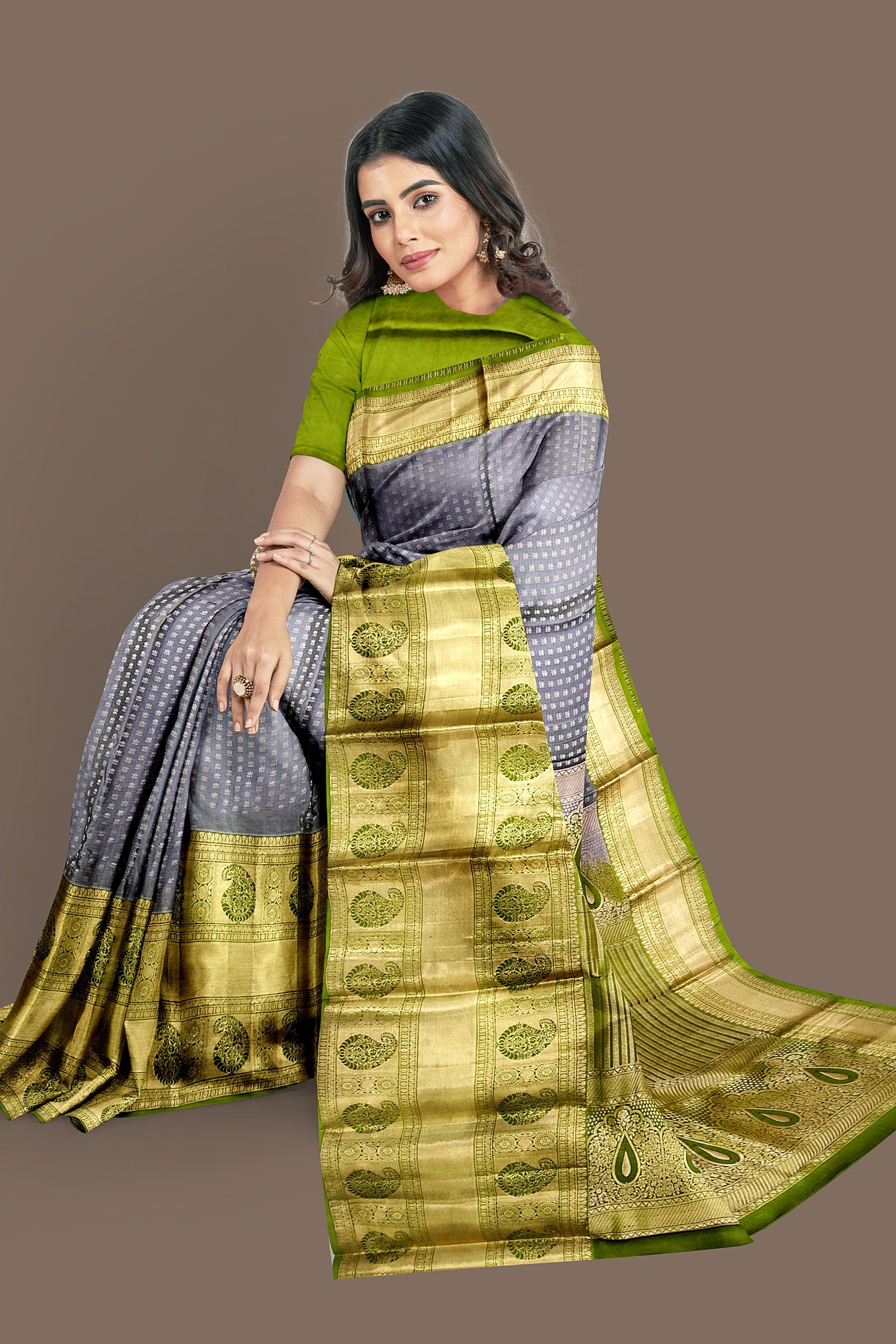 Pewter Grey with green border Kanjivarams silk sari