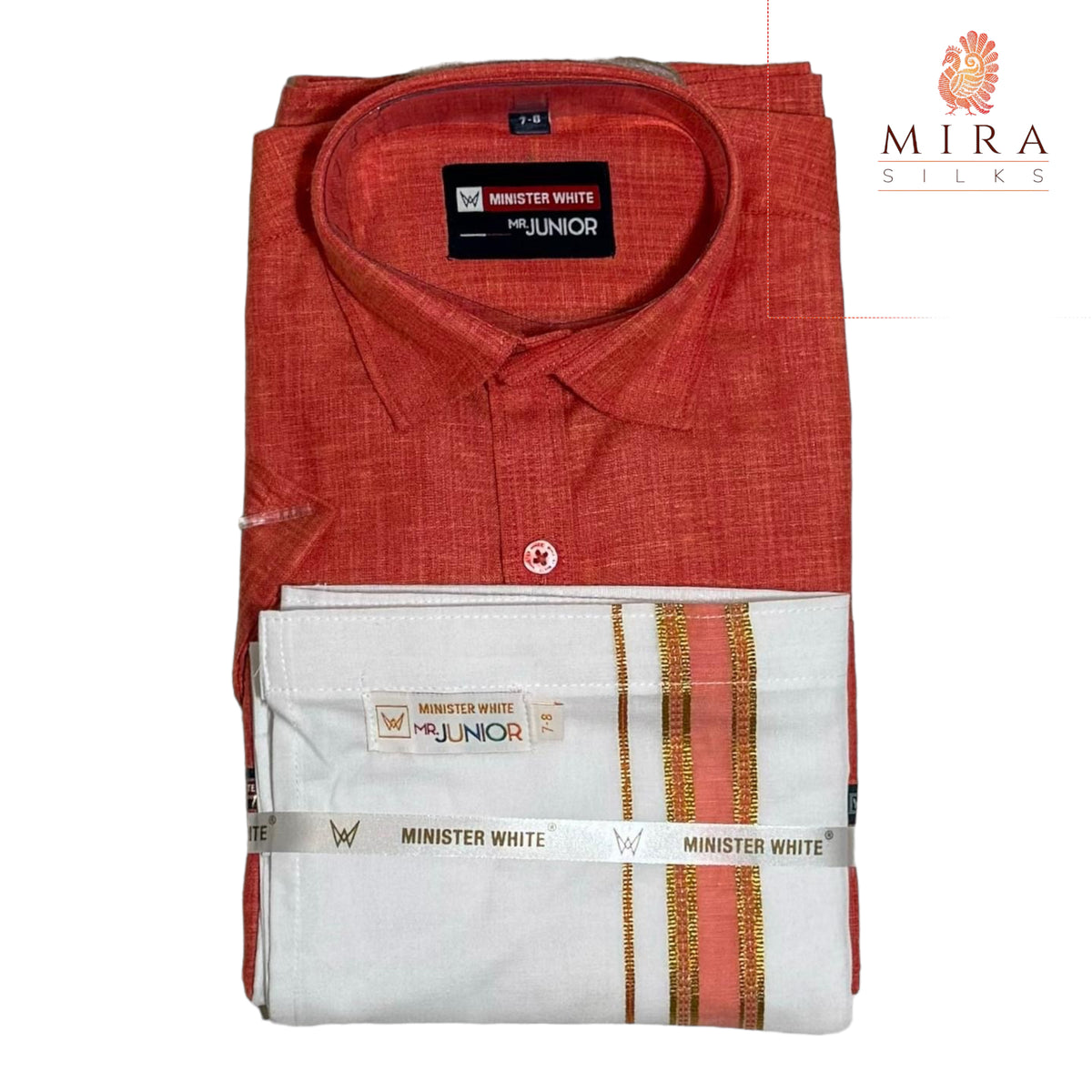Candy red junior shirt and dhoti set