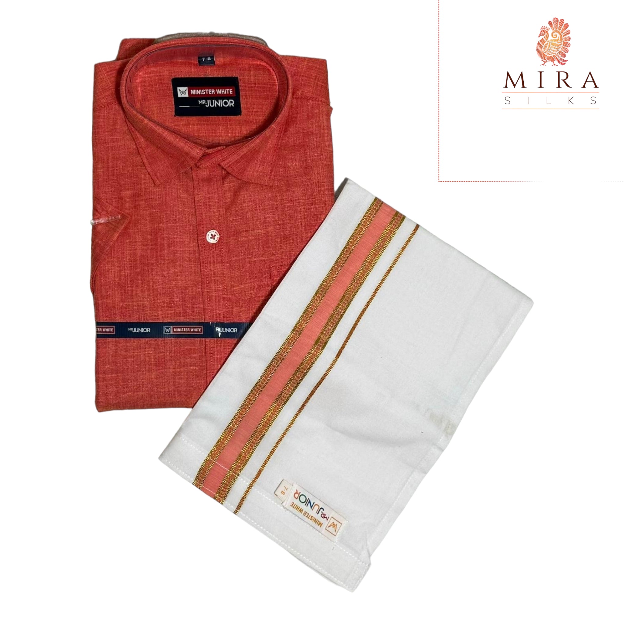Candy red junior shirt and dhoti set