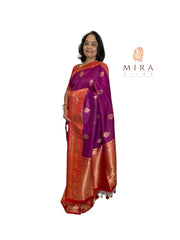 Deep purple with red banaras tussar silk saree with blouse