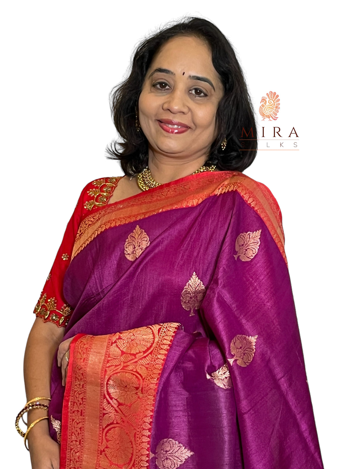 Deep purple with red banaras tussar silk saree with blouse