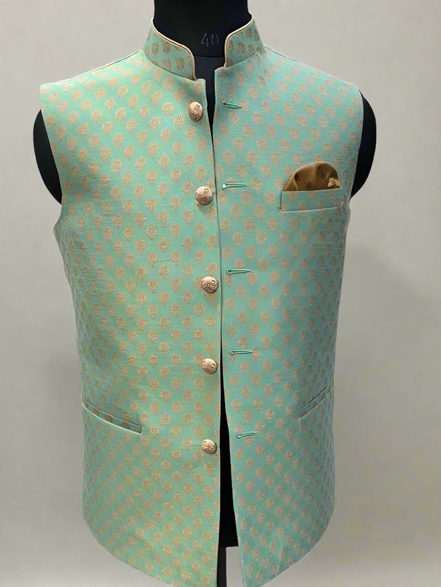 Indian Ethnic Men's Soft Cyan Green Jacket