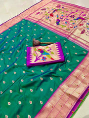 Pine Green Semi Silk Saree with Gold Zari Floral Pallu