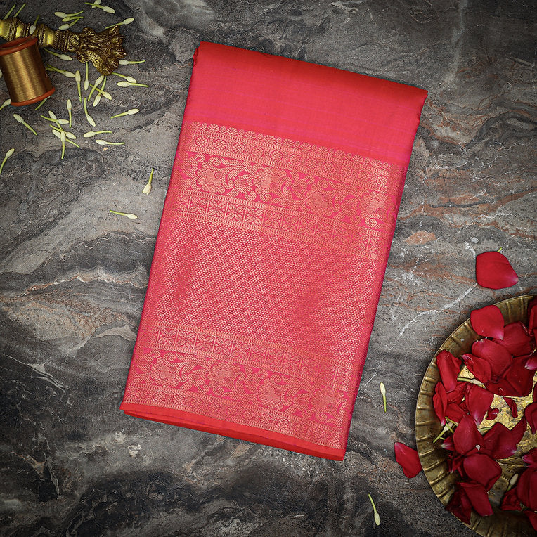 Pinkish Red Kanjivaram Silk Sari