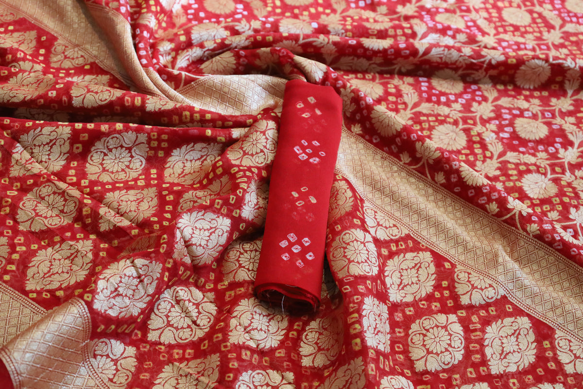 Red Georgette Bandhini design Banarasi wedding saree