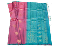 Rosy Pink Soft Silk Saree with Celestial Blue Pallu