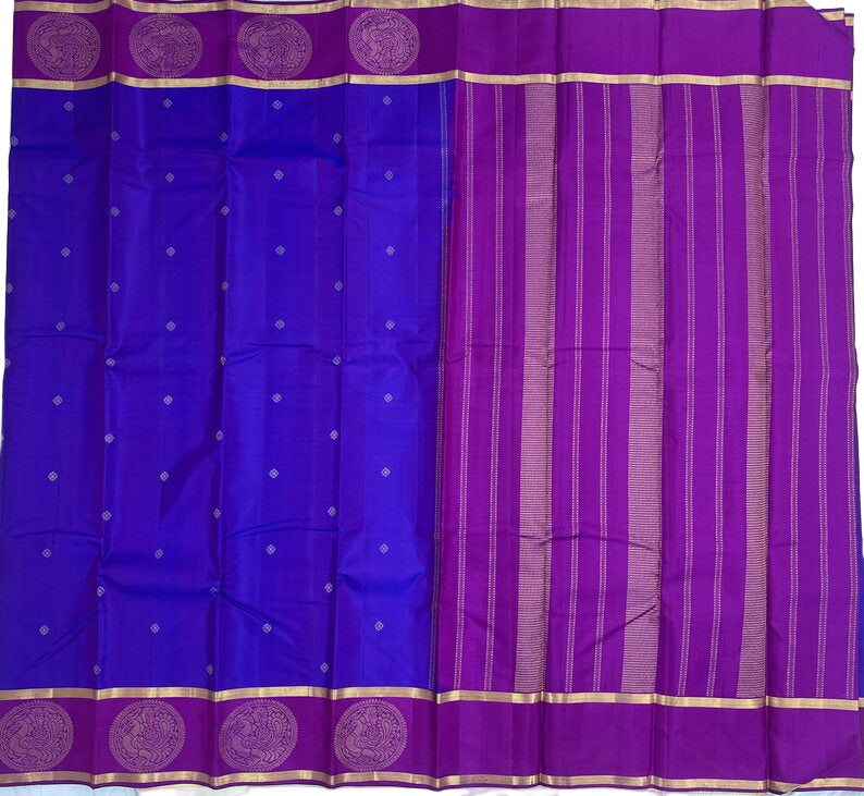 Royal Blue Kanjivaram Saree with Peacock Border and Purple Pallu