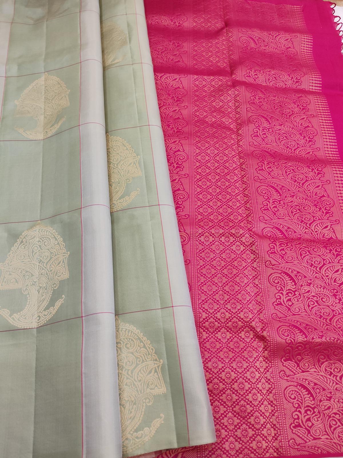 Sage Grey Soft Silk Saree with French Pink Pallu