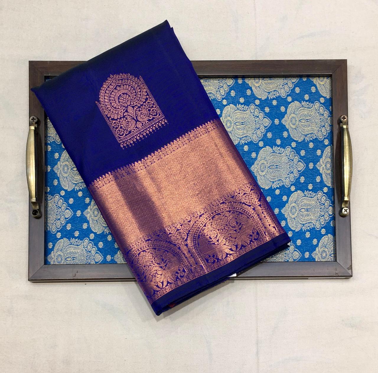 Sapphire Blue Kanjivaram Silk Saree With Gold Zari Pallu