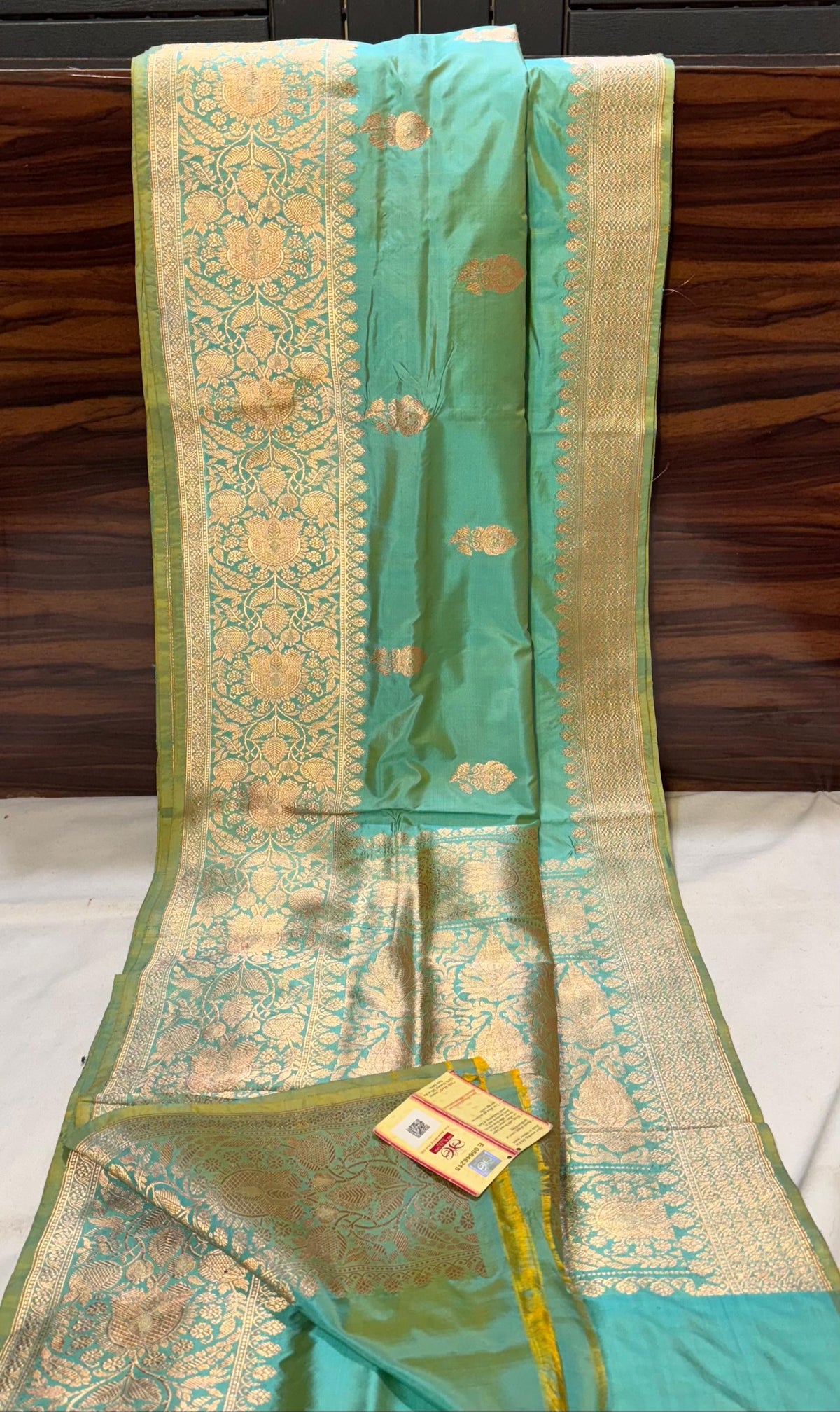 Sea Green Banaras Katan Saree with Gold Zari Border