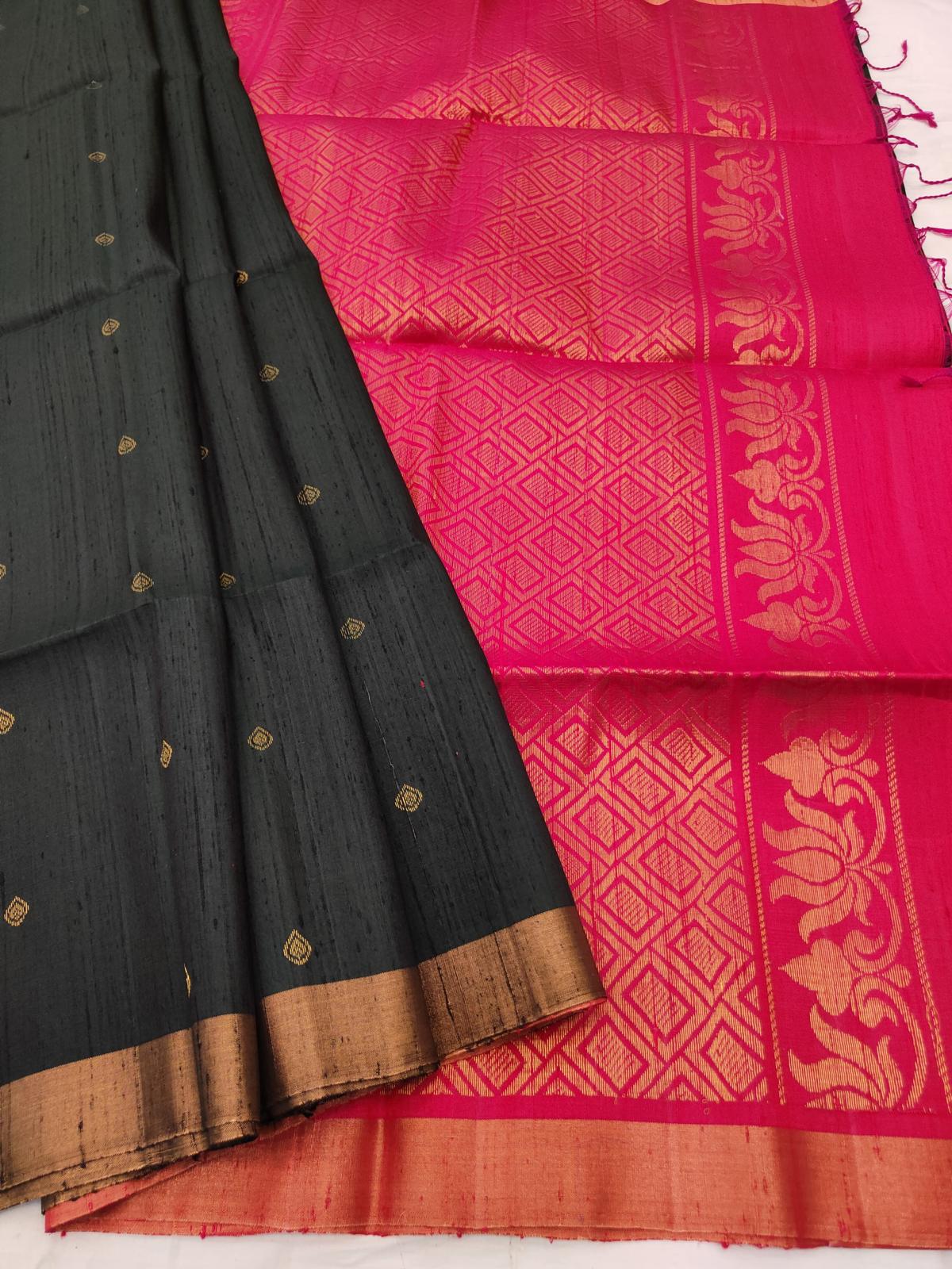 Slate Black Raw Silk Saree With Crimson Pallu