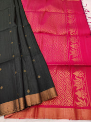 Slate Black Raw Silk Saree With Crimson Pallu