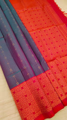 Slate Grey Soft Silk Saree with Lava Red Pallu