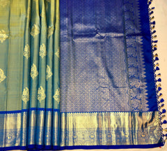 Smokey Green Kanjivaram Saree With Dark Blue Pallu