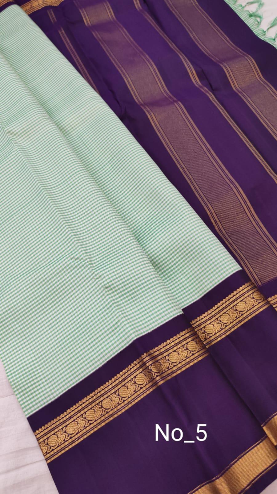 Spanish Green Checked Kanjivaram Saree With Dark Purple Pal