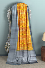 Mustard yellow with gray brocade patola soft silk saree