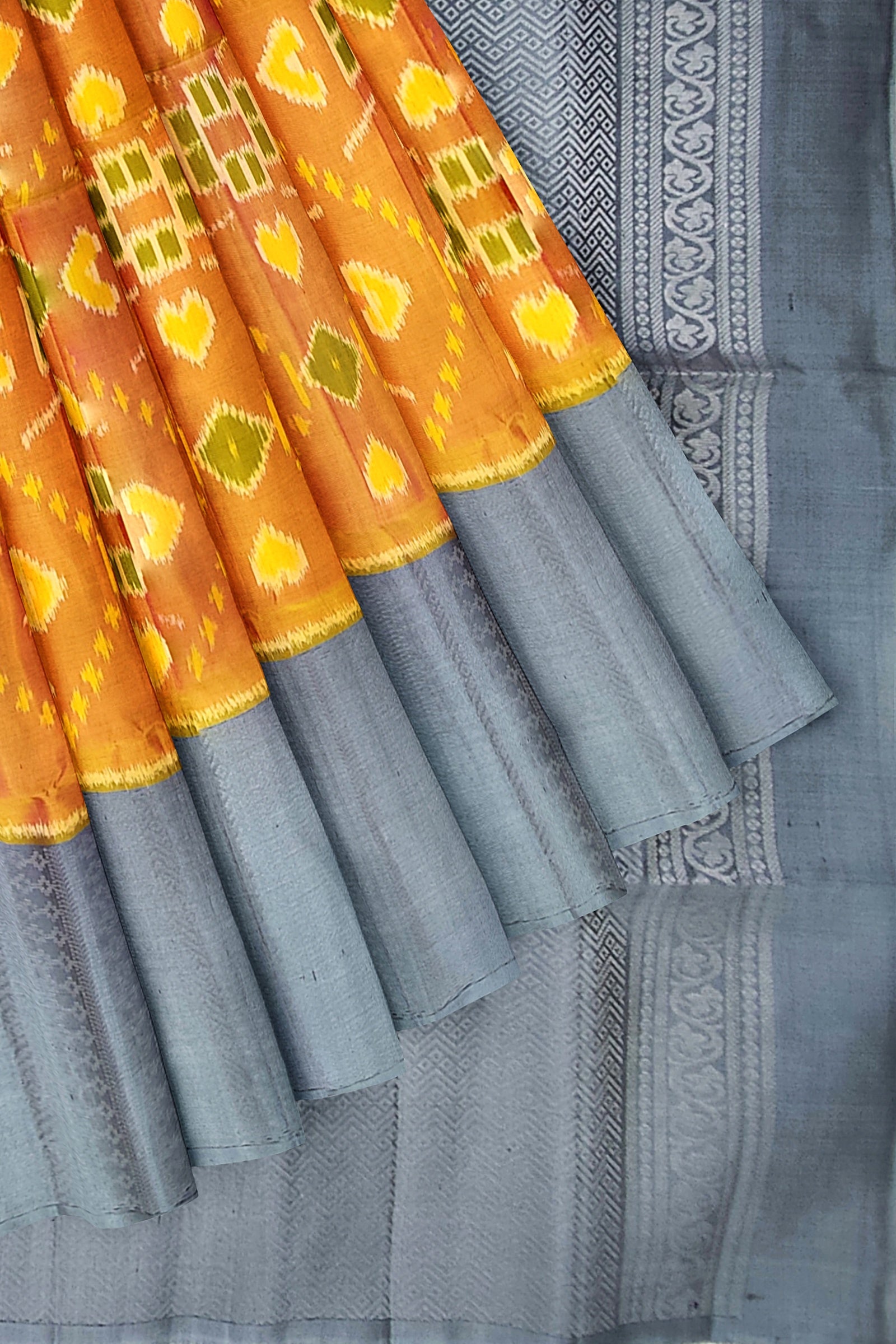 Mustard yellow with gray brocade patola soft silk saree